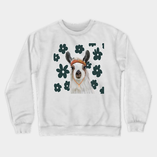 Boho Llama on Retro Flowers Crewneck Sweatshirt by Suneldesigns